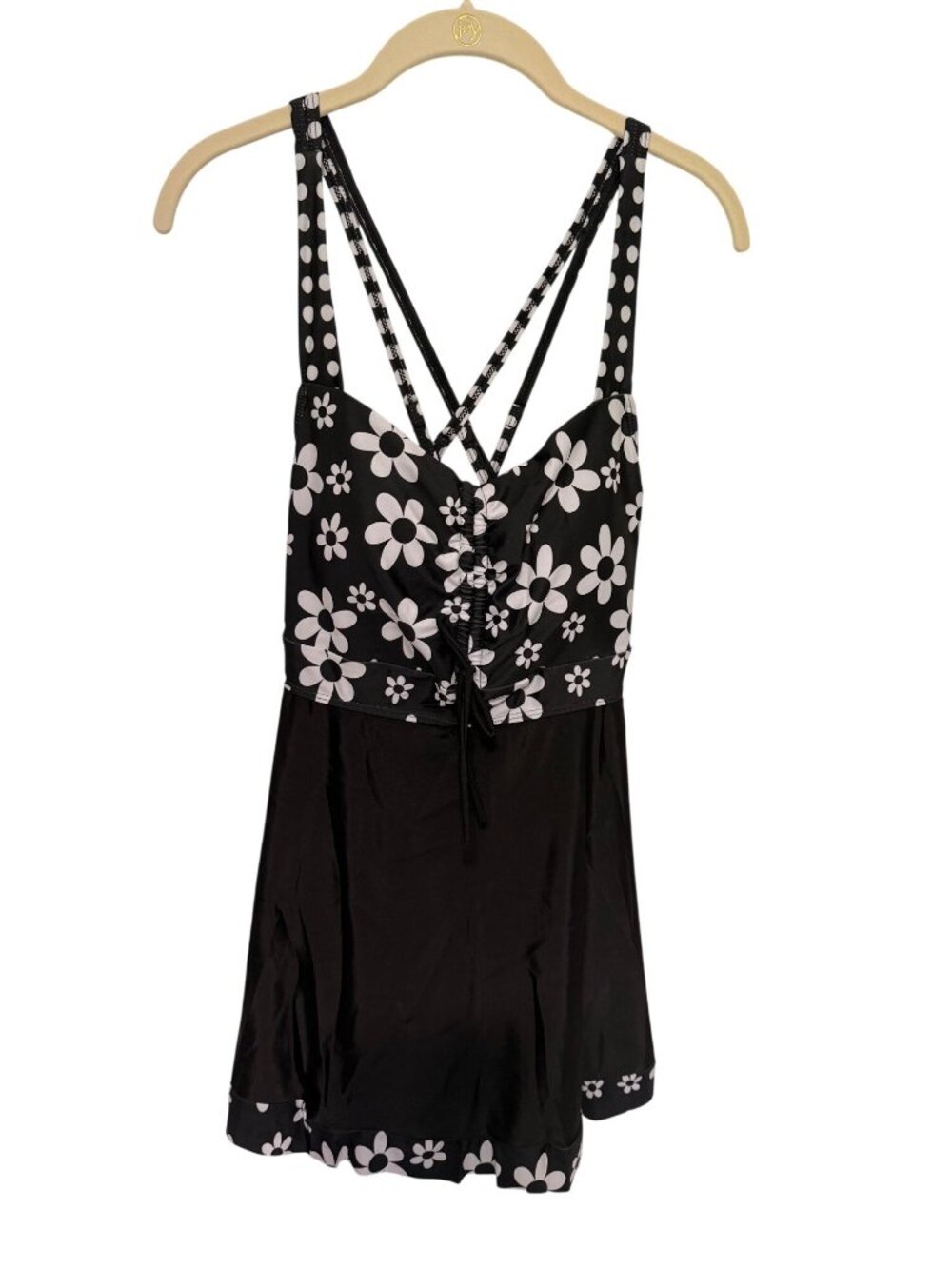 NWOT SwimSuit Tankini Top Black With white Daisies Tunic Length Padded XL